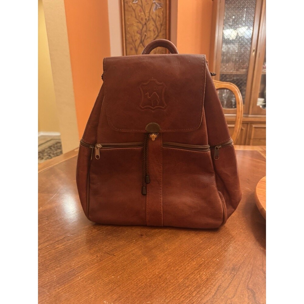Vrai Cuir Large Brown Leather Backpack Drawstring Many Pockets 10” X 5 “ X 13”